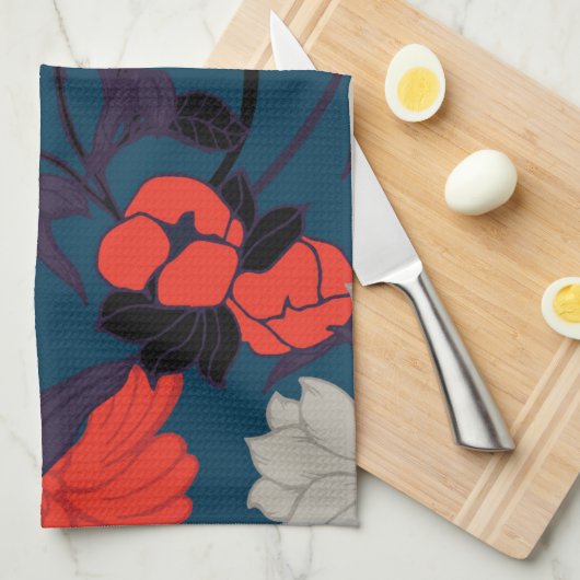 Elegant Blue en Red Floral Pattern Theedoek (Quarter Fold)