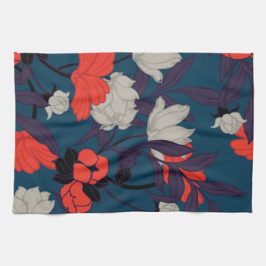 Elegant Blue en Red Floral Pattern Theedoek (Horizontaal)