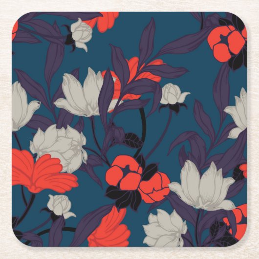 Elegant Blue en Red Floral Pattern Vierkante Kartonnen Onderzetter (Voorkant)