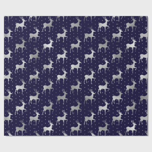 Elegant Blue en Silver Foil Reindeer Kerstmis Cadeaupapier (Vlak)