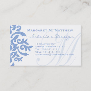 Elegant Blue en White Damask Letter M Visitekaartje