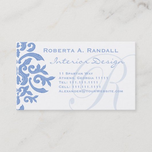 Elegant Blue en White Damask Letter R Visitekaartje (Voorkant)