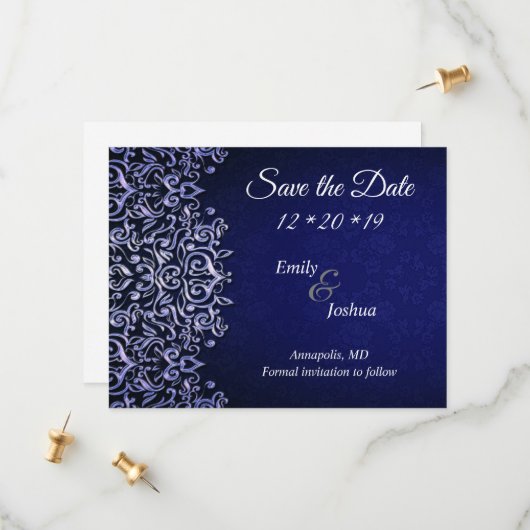 Elegant Blue en White Damask | Weddenschap Save The Date (Voorkant / Achterkant in situ)