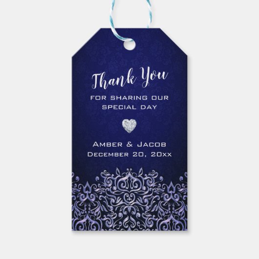 Elegant Blue en White Damask | Winterbruiloft Cadeaulabel (Voorkant)