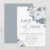 Elegant Blue en White Floral Save the Date (Voorkant / Achterkant)
