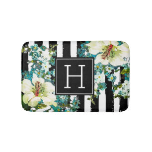 Elegant Blue en White Flowers met Monogram Badmat