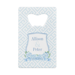 Elegant Blue en White Hydrangea Wedding Crest Kredietkaart Flessenopener