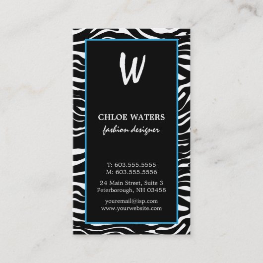 Elegant Blue en Zebra Monogram Visitekaartjes (Voorkant)