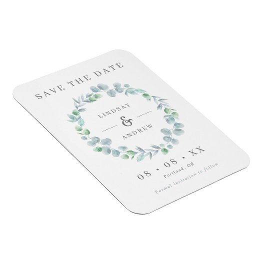 Elegant Blue Eucalyptus Wreater Save the Date Magneet (Rechterzijde)