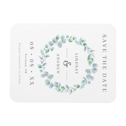 Elegant Blue Eucalyptus Wreater Save the Date Magneet (Horizontaal)