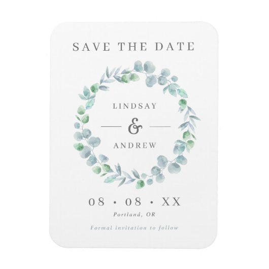 Elegant Blue Eucalyptus Wreater Save the Date Magneet (Verticaal)