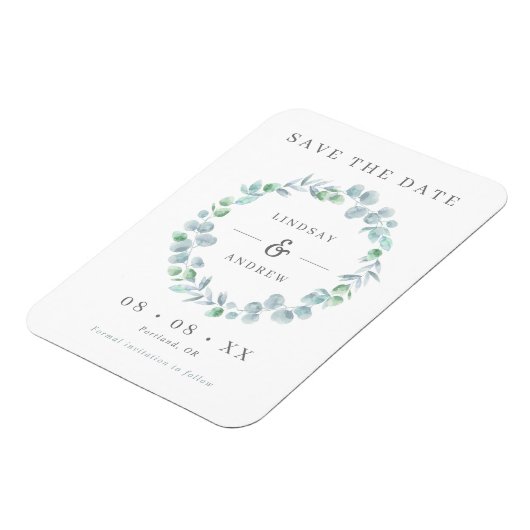 Elegant Blue Eucalyptus Wreater Save the Date Magneet (Linkerzijde)