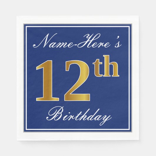 Elegant Blue, Faux Gold 12th Birthday; Aangepaste  Servetten (Voorkant)