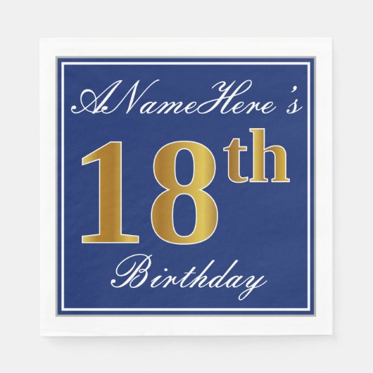 Elegant Blue, Faux Gold 18th Birthday; Aangepaste Servetten (Voorkant)