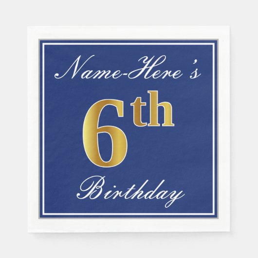 Elegant Blue, Faux Gold 6th Birthday + Aangepaste  Servetten (Voorkant)