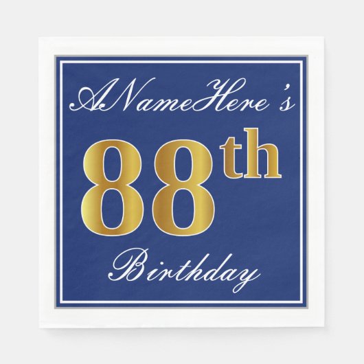 Elegant Blue, Faux Gold 88th Birthday; Aangepaste  Servetten (Voorkant)