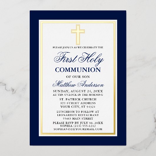 Elegant Blue First Heilige Communist Cross Gold Folie Uitnodiging (Voorkant)
