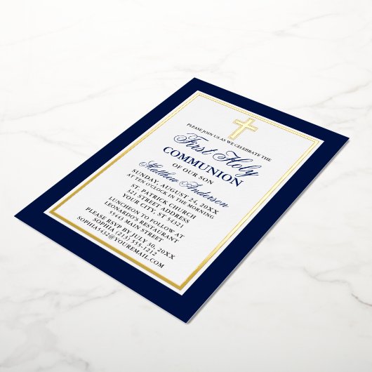Elegant Blue First Heilige Communist Cross Gold Folie Uitnodiging (Gedraaid)