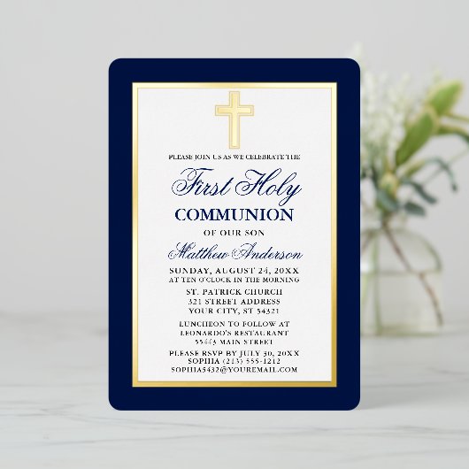 Elegant Blue First Heilige Communist Cross Gold Li Folie Uitnodiging (Staand Voorkant)