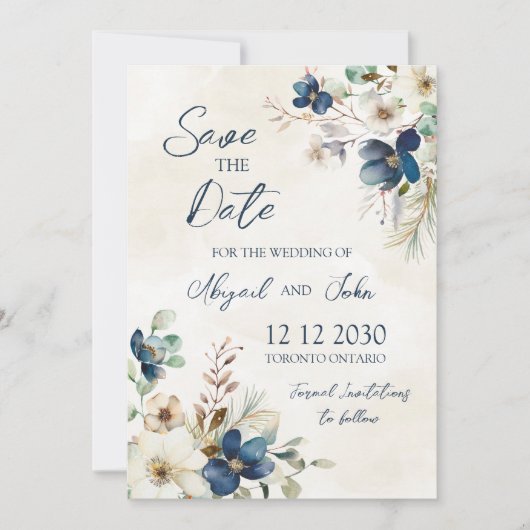 Elegant Blue Flora Winter Save the Date Card (Devant)