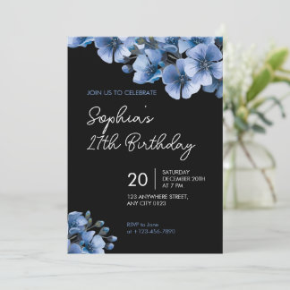 Elegant Blue Floral 27th Birthday Party Invitation