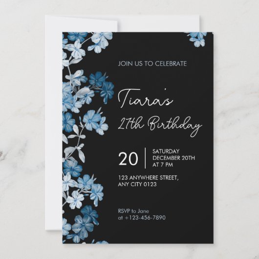 Elegant Blue Floral 27th Birthday Party Invitation (Devant)