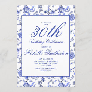 Elegant Blue Floral 30th Birthday Women Kaart