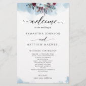 Elegant Blue Floral and Burgundy Wedding Programme (Voorkant)