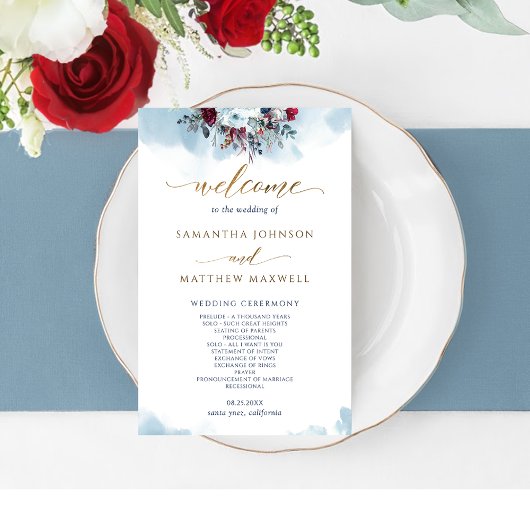 Elegant Blue Floral and Waterverf Wedding Programm