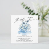 Elégant Blue Floral Anniversaire Thé Invitation (Debout devant)
