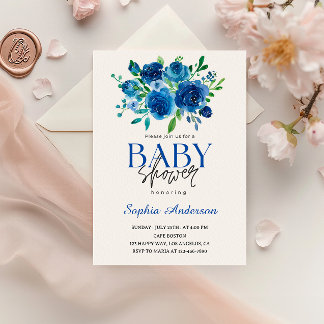 Elegant Blue Floral Baby Shower Invitation Kaart