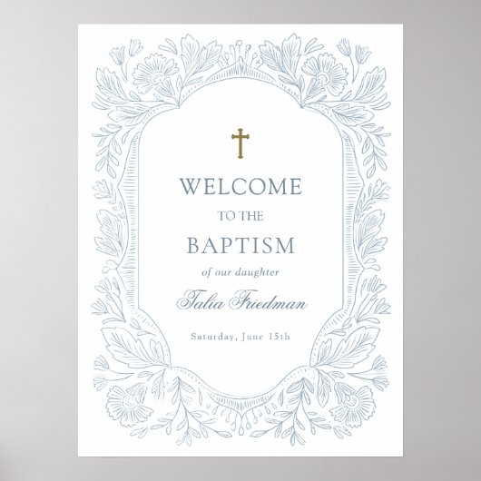 Elegant Blue Floral Baptism Welcome Poster (Voorkant)