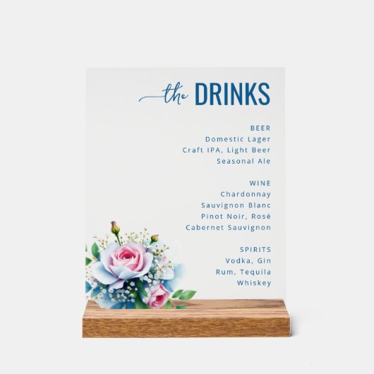 Elegant Blue Floral Beverage Menu Acryl Bord (Voorkant)