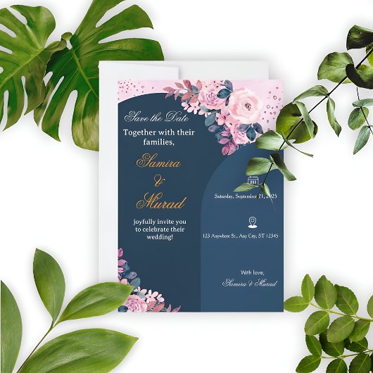 Elegant Blue Floral Boho Wedding Invitation