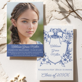 Elegant Blue Floral Coquette Afstuderen Foto Kaart