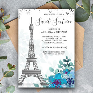 Elegant Blue Floral Eiffel Tower Sweet Sixteen Kaart