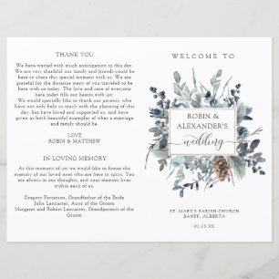 Elegant Blue Floral, Folded Wedding Programme