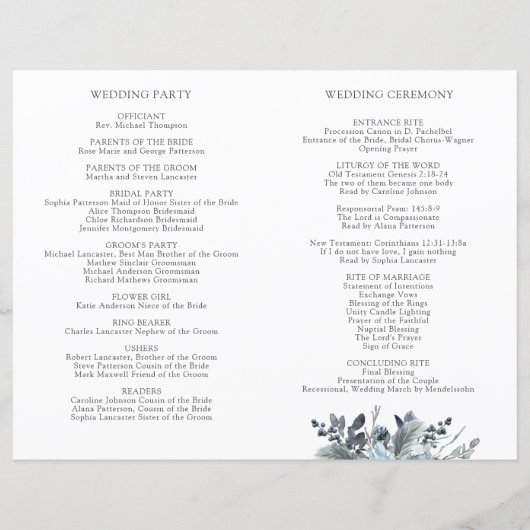 Elegant Blue Floral, Folded Wedding Programme (Achterkant)