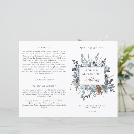 Elegant Blue Floral, Folded Wedding Programme (Staand voorkant)