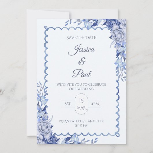 Elegant Blue Floral Frame Wedding Invitation (Devant)