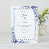 Elegant Blue Floral Frame Wedding Invitation (Debout devant)