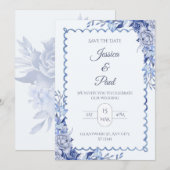 Elegant Blue Floral Frame Wedding Invitation (Devant / Derrière)