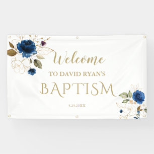 Elegant Blue Floral Gold Boy Baptism Welcome Sign. Spandoek