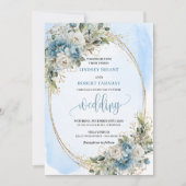 Elegant Blue Floral Gold Frame Wedding Invitation Kaart (Voorkant)