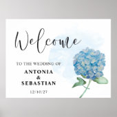 Elegant Blue Floral Hydrangea Wedding Sign Poster (Devant)