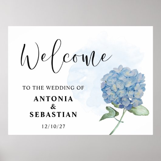 Elegant Blue Floral Hydrangea Wedding Sign Poster (Devant)