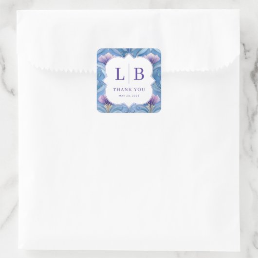 Elegant Blue Floral Initials Vierkante Sticker (Tas)
