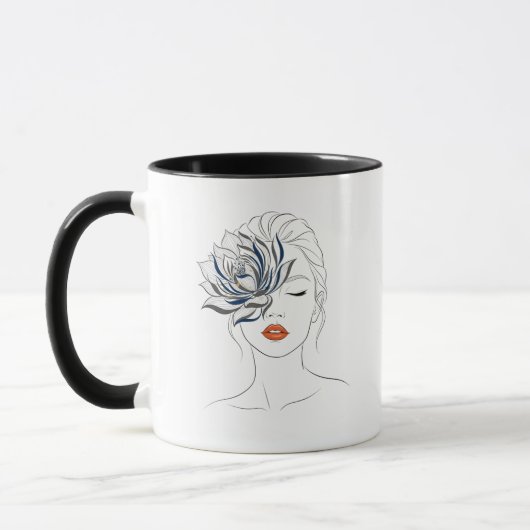 Elegant Blue Floral Line Art Woman Mug (Gauche)