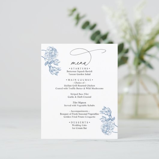 Elegant Blue Floral Modern Script Wedding Menu (Debout devant)