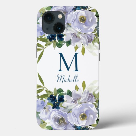 Elegant Blue Floral Monogram Name Case-Mate iPhone Case (Achterkant)